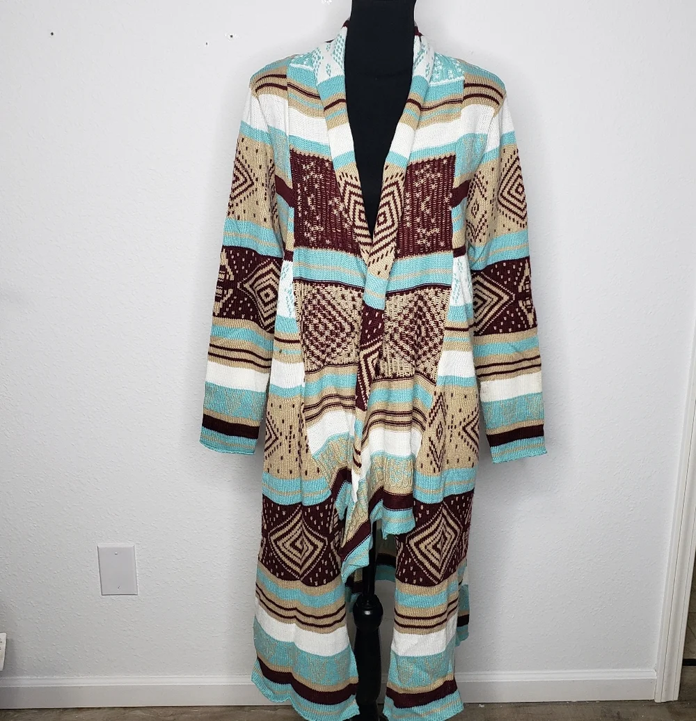 Love Cotton Knit Southwestern Asymmetric Long Line Open Front Cardigan Size M/L